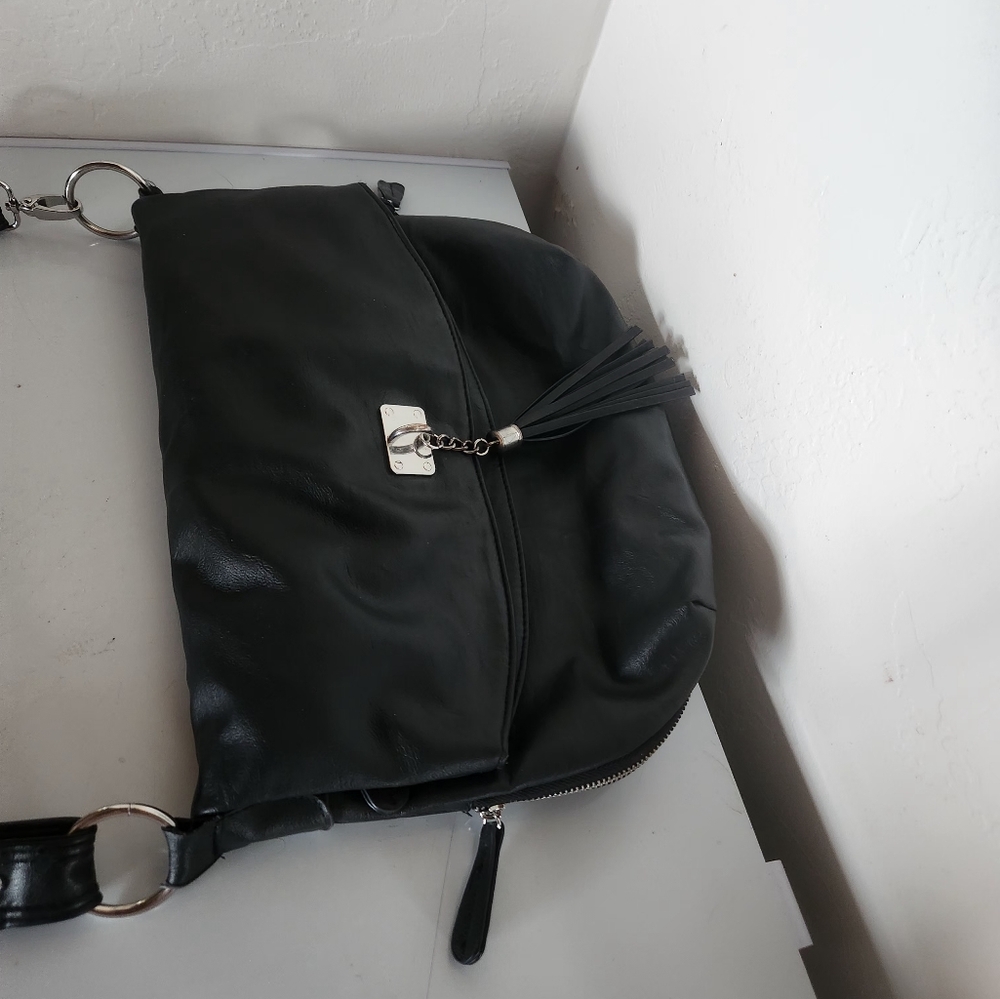 BEAUTIFUL BLACK Apt 9 CROSSBODY BAG purse SATCHEL silver accents TASSEL 9x14